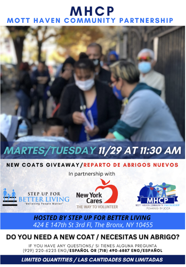 Mott Haven Community Partnership coat drive flyer with event information