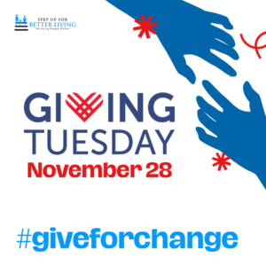 graphic for Giving Tuesday with two animated hands and Step up for better living logo South Bronx NYC
